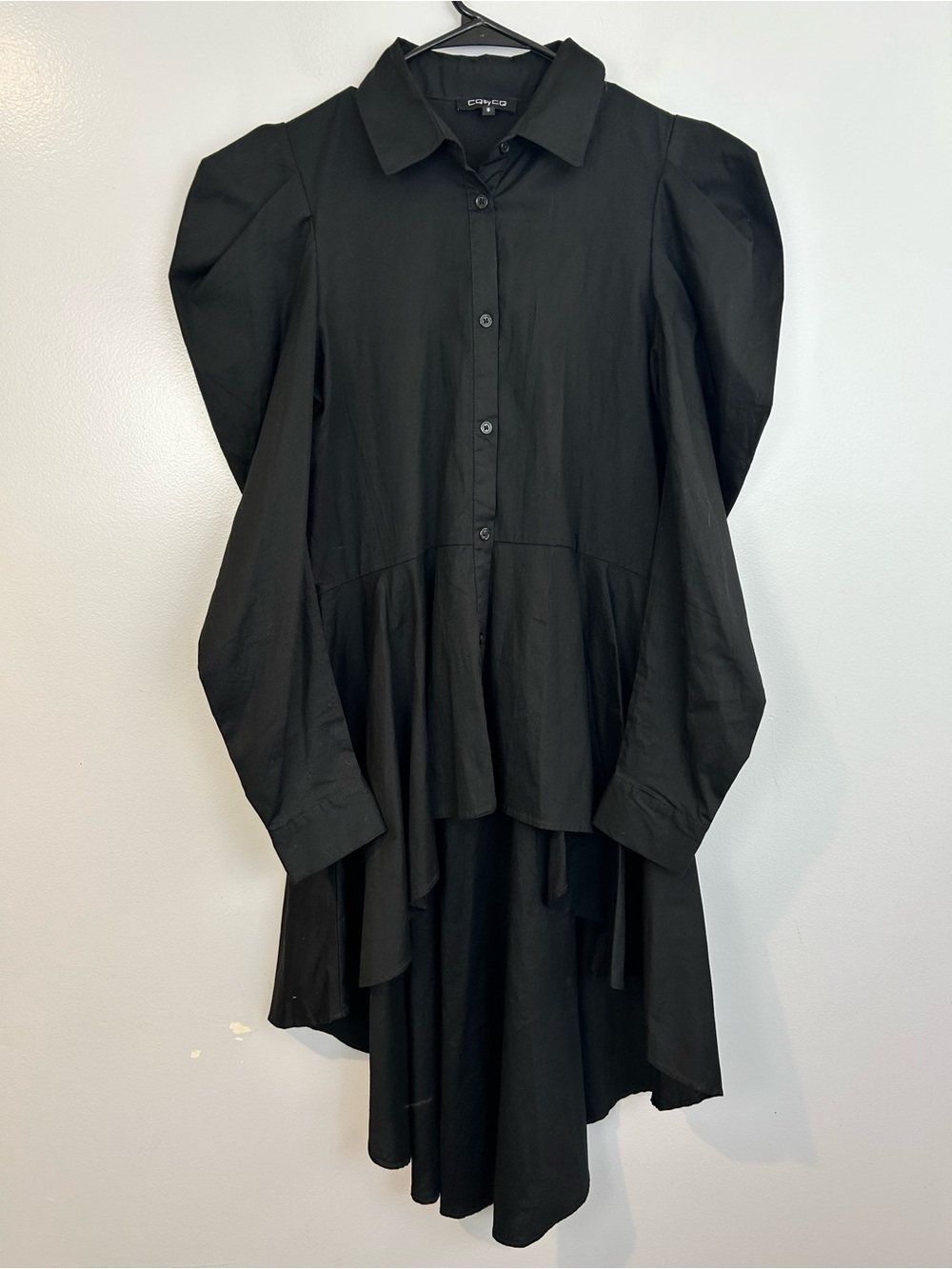 CQbyCQ Black High Low Button Down Avante Garde Puff Shoulder Shirt Dress Small